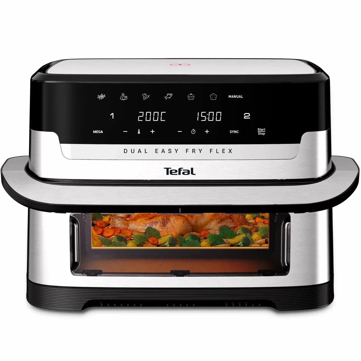 Мультипіч Tefal Dual Easy Fry Flex, 2700Вт, чаша-5.5+3.5л, сенсорне керув., з віконцем, 2 чаши, гриль, пластик, чорний-нерж. сталь