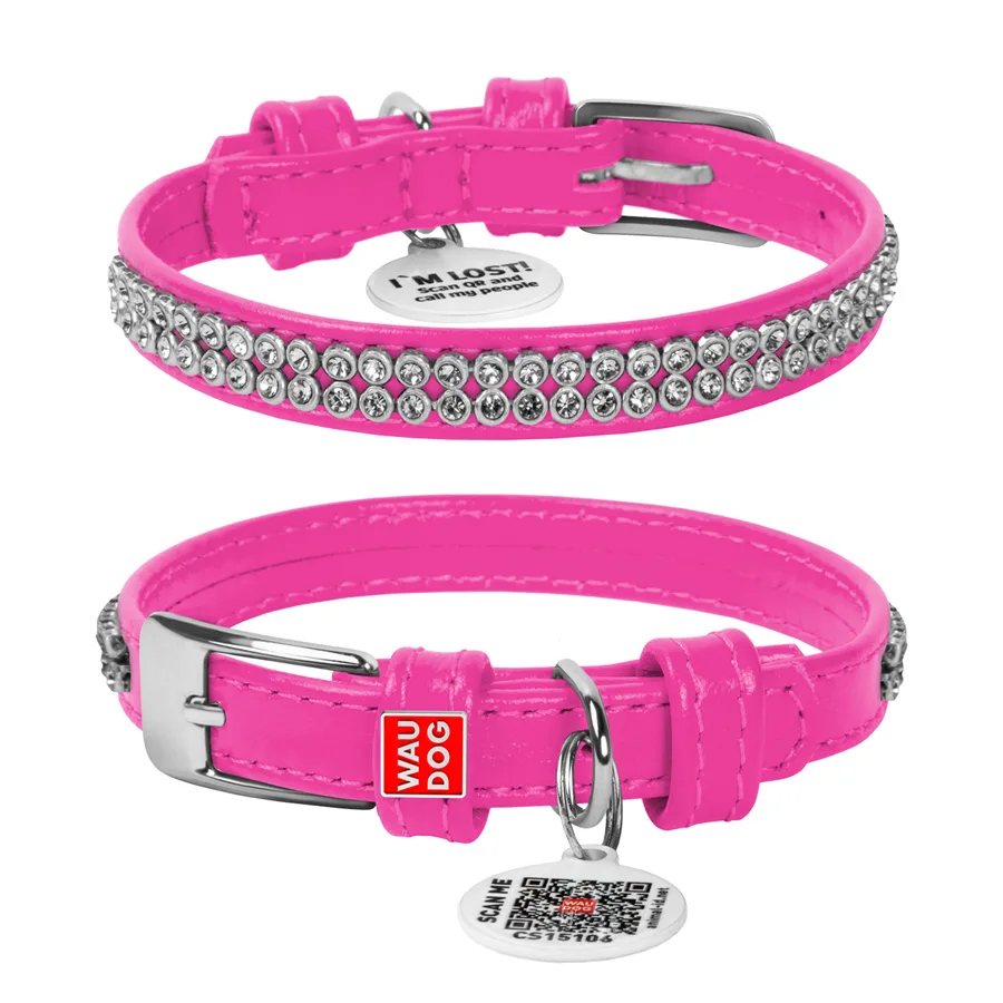 Нашийник WAUDOG Glamour шкіряний XXS 19-25 см 9 мм рожевий з QR паспортом