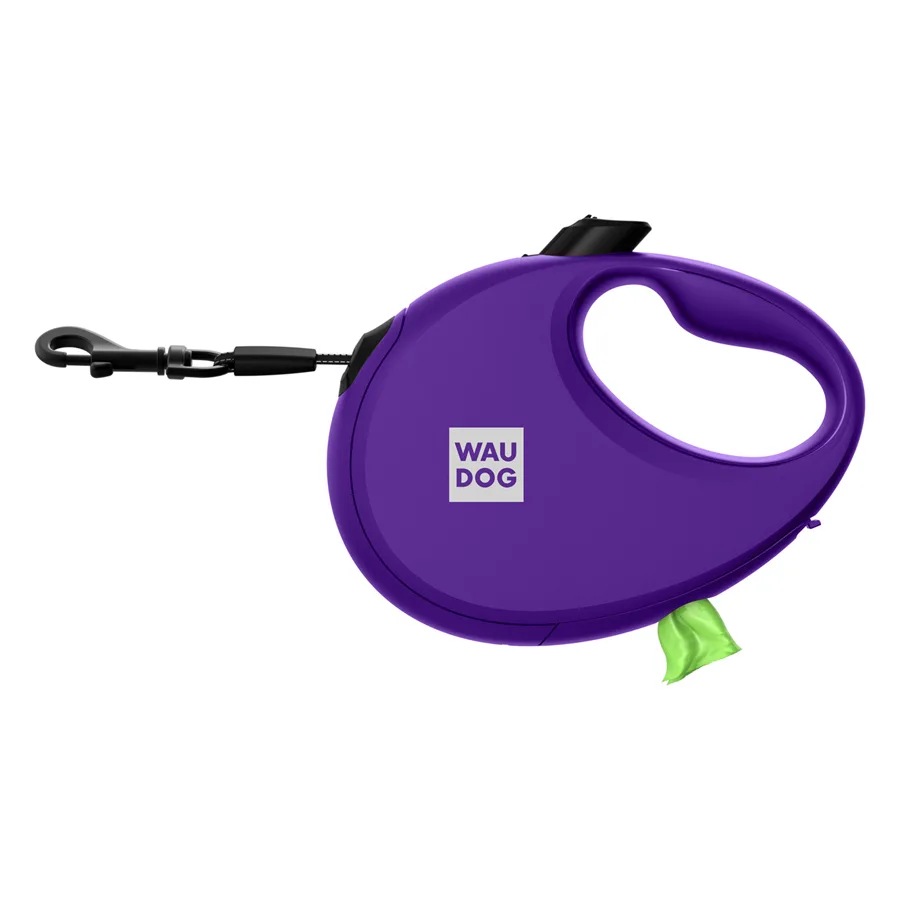 Повідець-рулетка WAUDOG R-leash M 5 м пластиковий фіолетовий з контейнером для пакетів