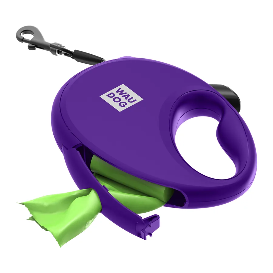 Повідець-рулетка WAUDOG R-leash M 5 м пластиковий фіолетовий з контейнером для пакетів