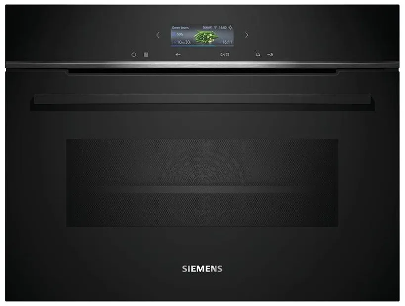 Електрична компактна духова шафа Siemens, 45л, клас A, з дисплеєм, конвекцією та функцією мікрохвиль, чорного кольору.
