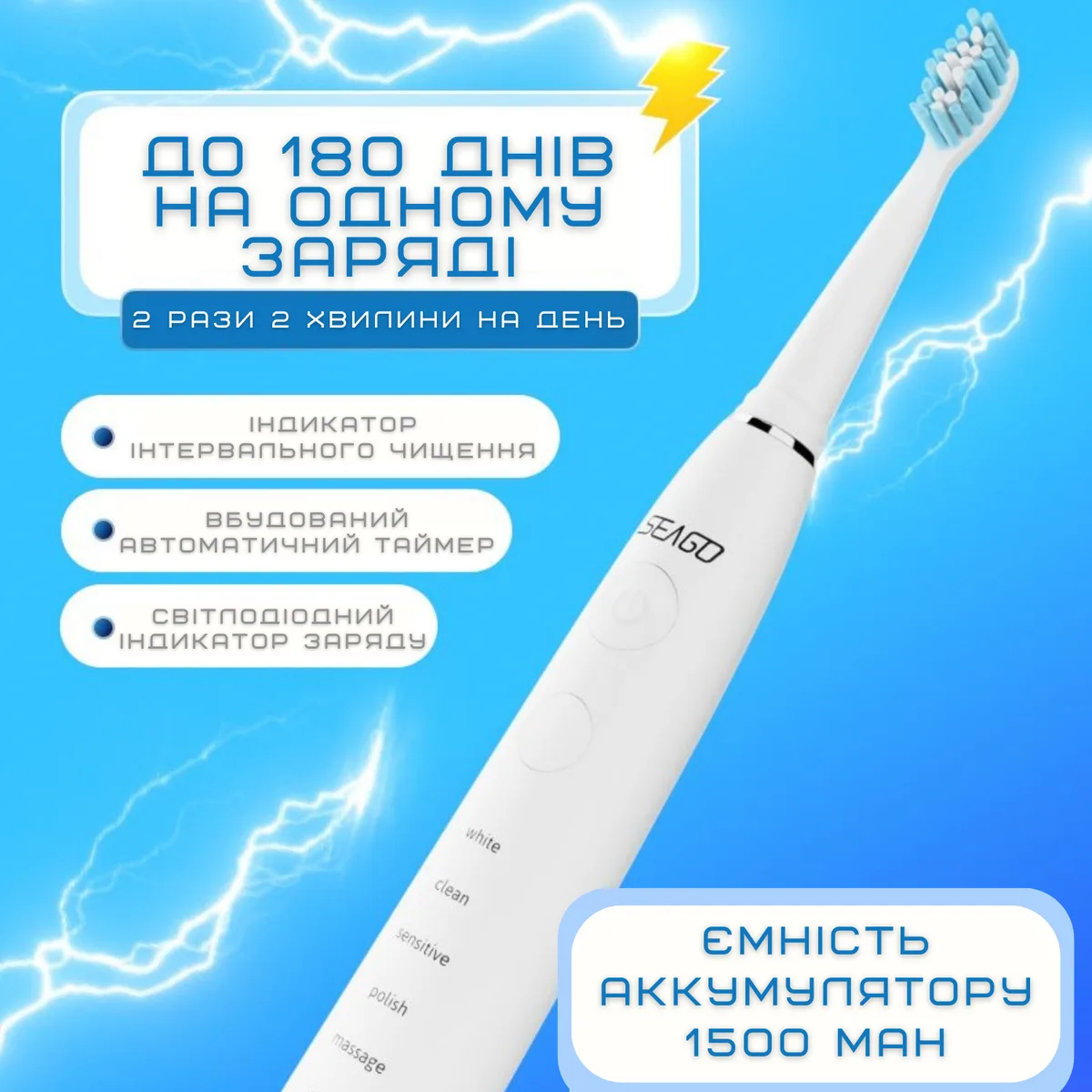 Электрическая звуковая зубная щетка Seago SG-575 5 насадок глубокая чистка 40000 колебаний/мин белая