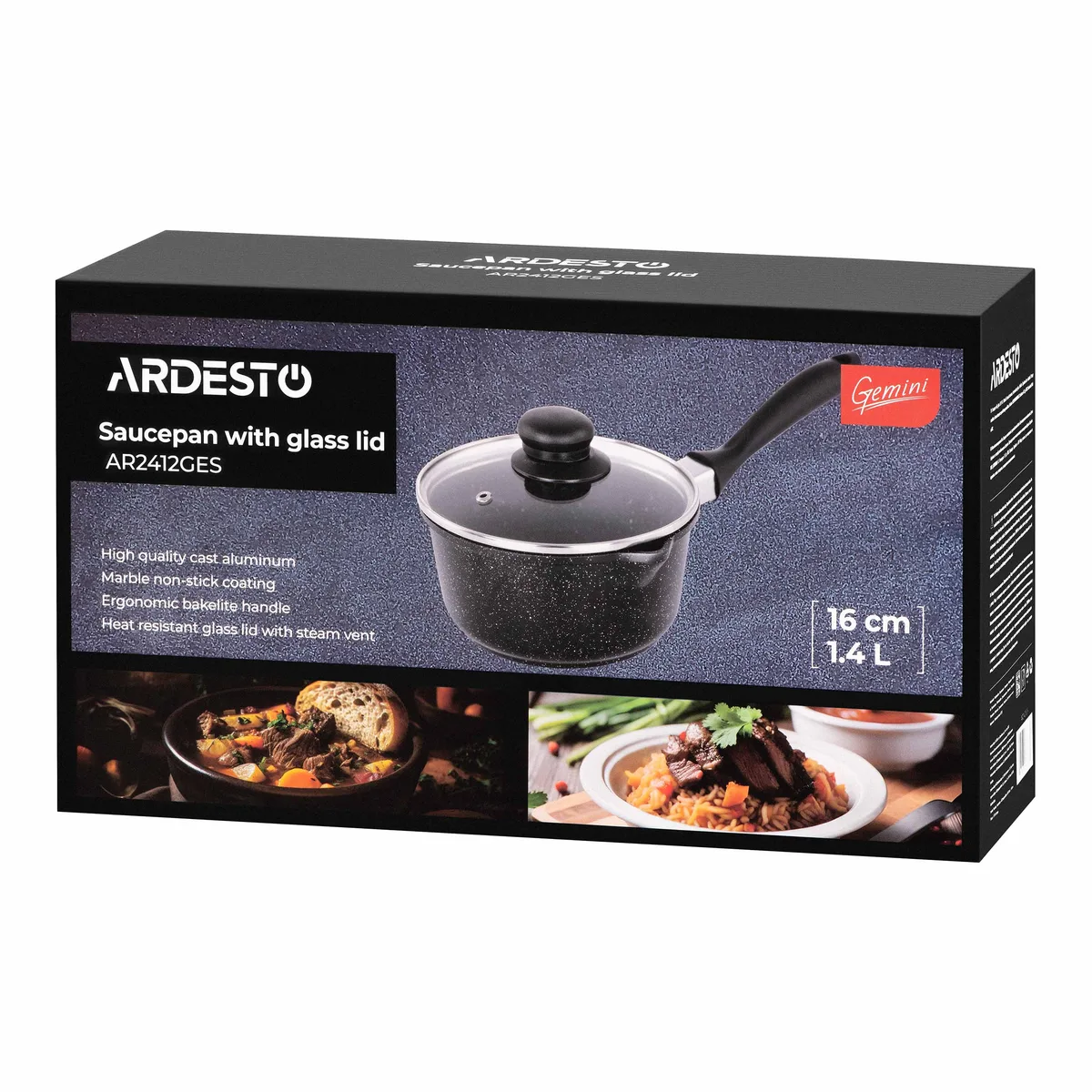 Каструля з прозорою кришкою ARDESTO Gemini Anzio, 1.4л, алюміній, чорного кольору.