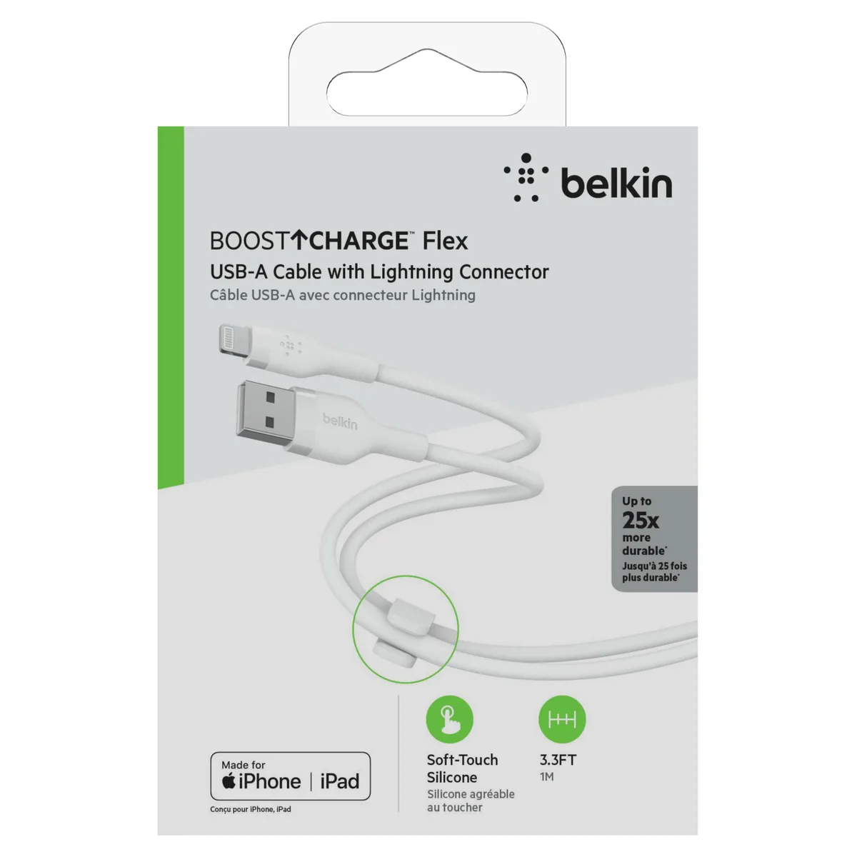 Кабель USB-A > Lightning для зарядки/синхронизации Belkin 1м, силиконовый с клипсой, белый