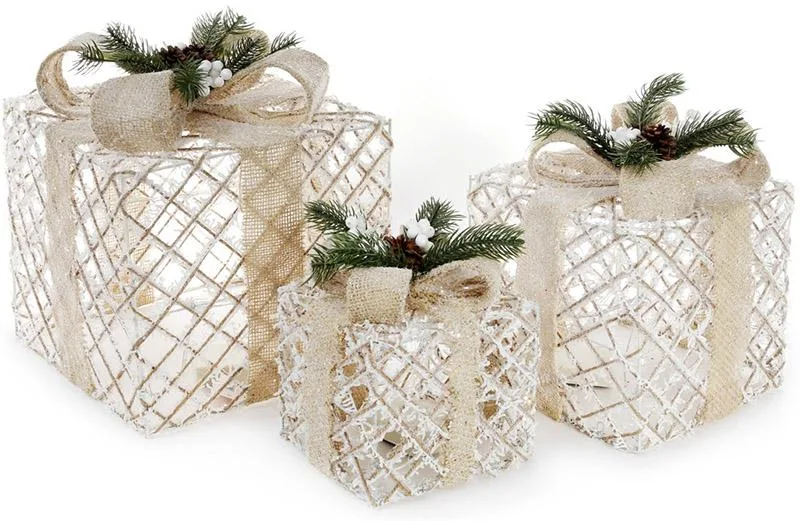 Набір подарункових коробок New Year Gifts з LED-підсвіткою білий з бежевим 3 шт