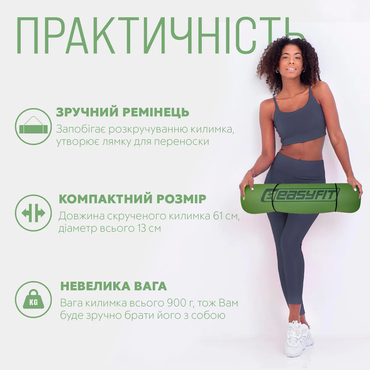 Коврик для йоги та фітнесу EasyFit TPE 183х61 см зелений з сірим 6 мм
