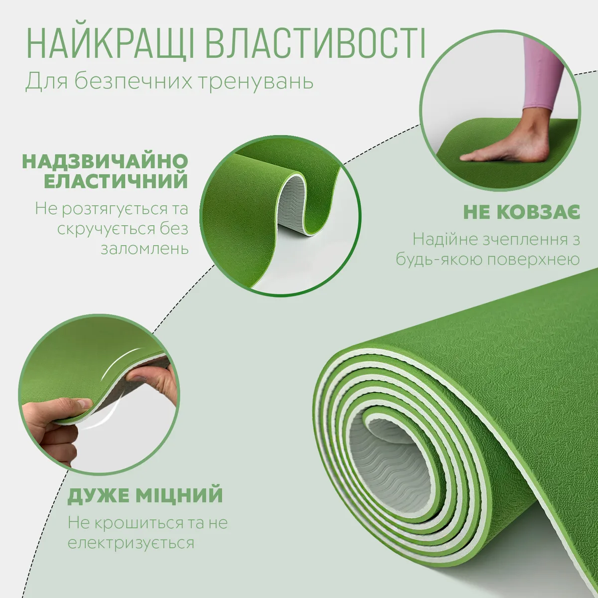 Коврик для йоги та фітнесу EasyFit TPE 183х61 см зелений з сірим 6 мм