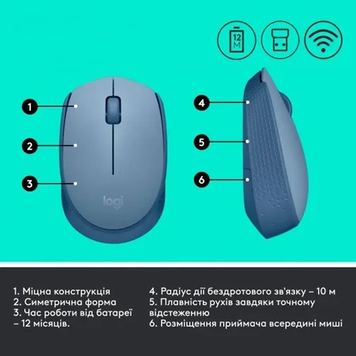 Миша Logitech бездротова оптична середня 61,5х35,2х97,7 мм синя сірий