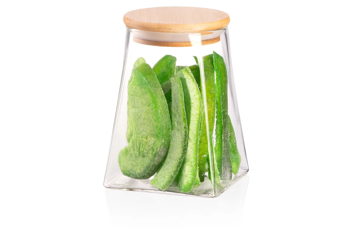 Банка для зберігання ARDESTO Midori, 740 мл, скляна, з бамбуковою кришкою, конусоподібна, прозора.