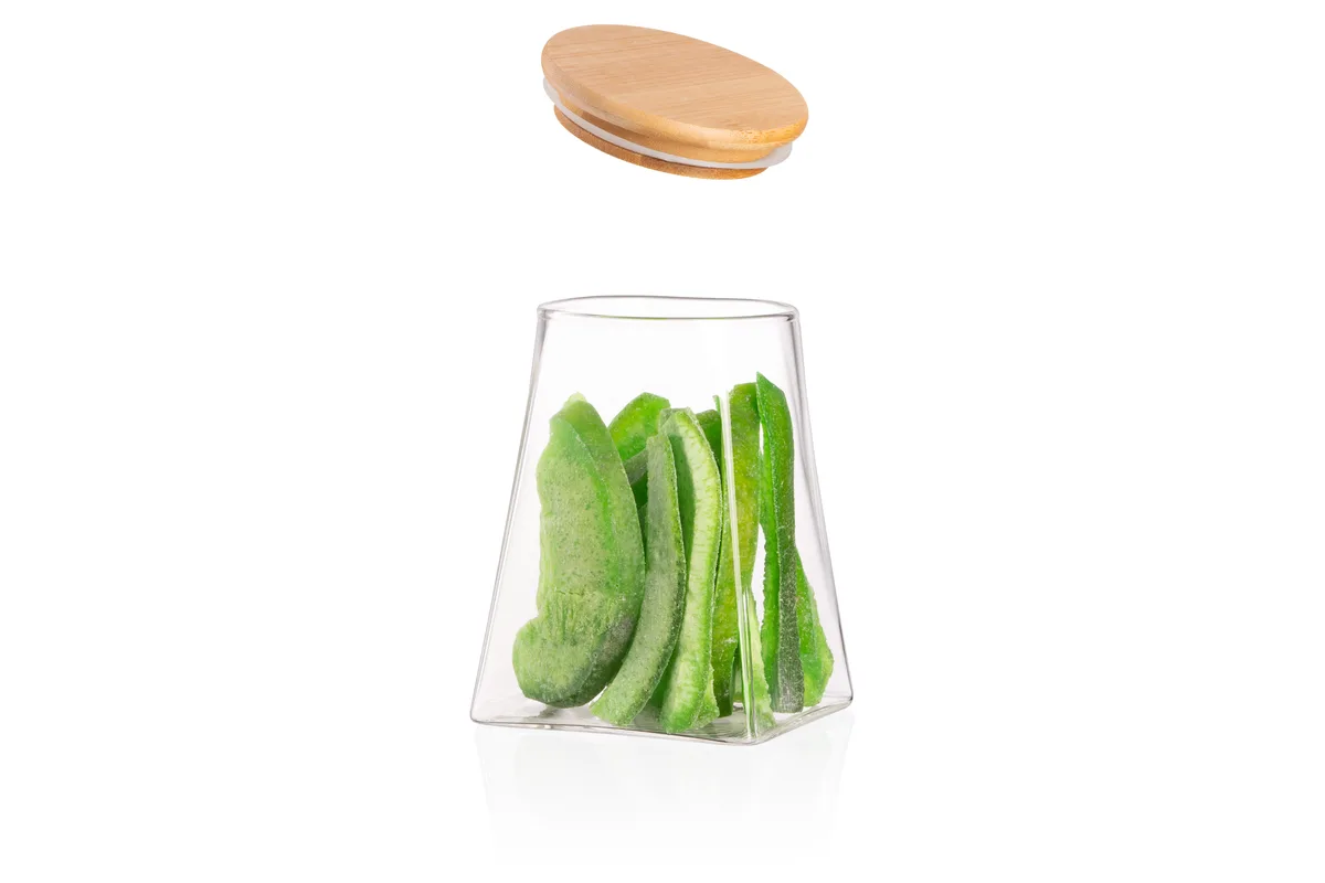 Банка для зберігання ARDESTO Midori, 740 мл, скляна, з бамбуковою кришкою, конусоподібна, прозора.