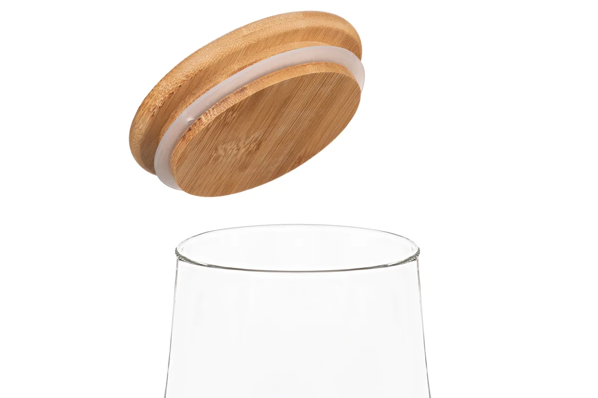 Банка для зберігання ARDESTO Midori, 740 мл, скляна, з бамбуковою кришкою, конусоподібна, прозора.