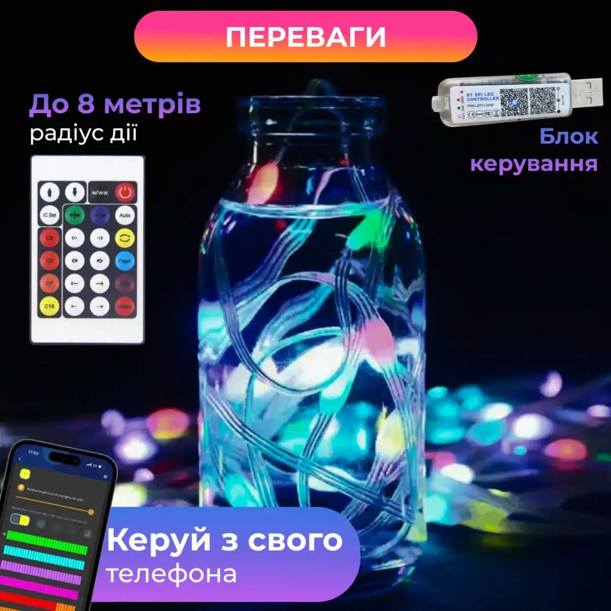 Розумна гірлянда LED 250 шт 2,5 м прозора різнокольорова
