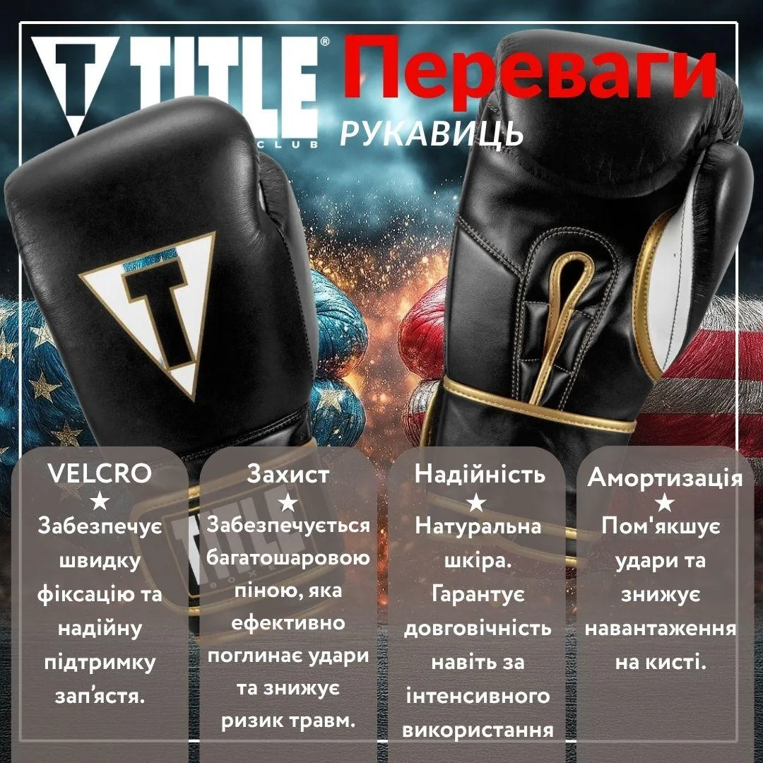 Боксерские перчатки TITLE натуральная кожа 14 oz черные белые