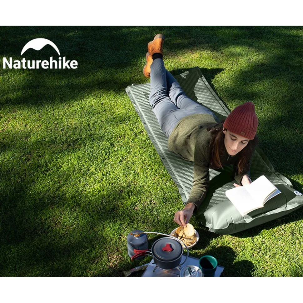 Матрац самонадувний ортопедичний з подушкою Naturehike 200х63х10 см темно-зелений епонж 190T