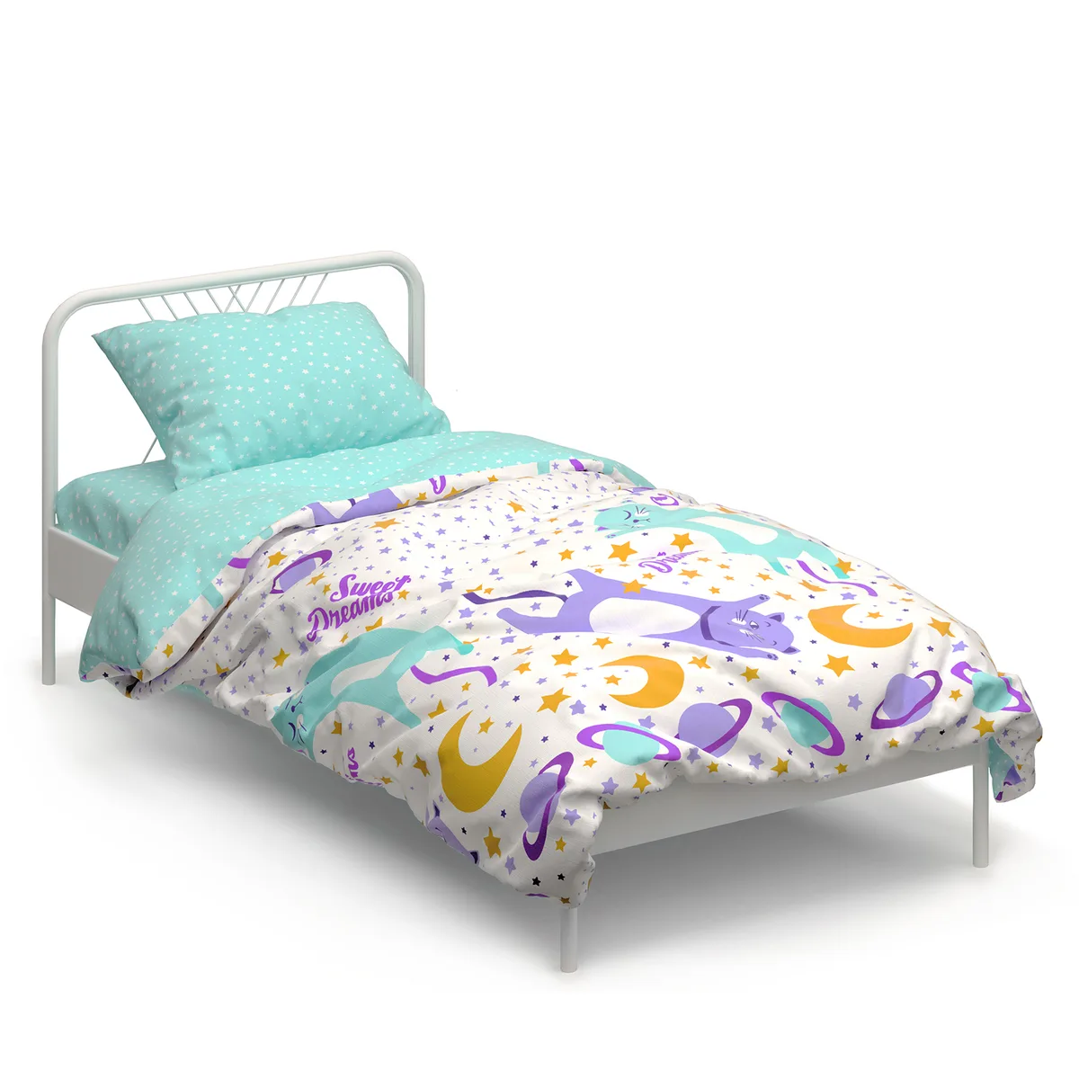 Дитячий комплект постільної білизни Home Line бязь 120х150 бірюзовий коти зорі