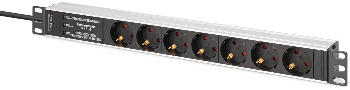 Устройство распределения электроэнергии DIGITUS 1U, 7xSchuko, 16A, 250V, фильтр, защита, вилка Schuko.