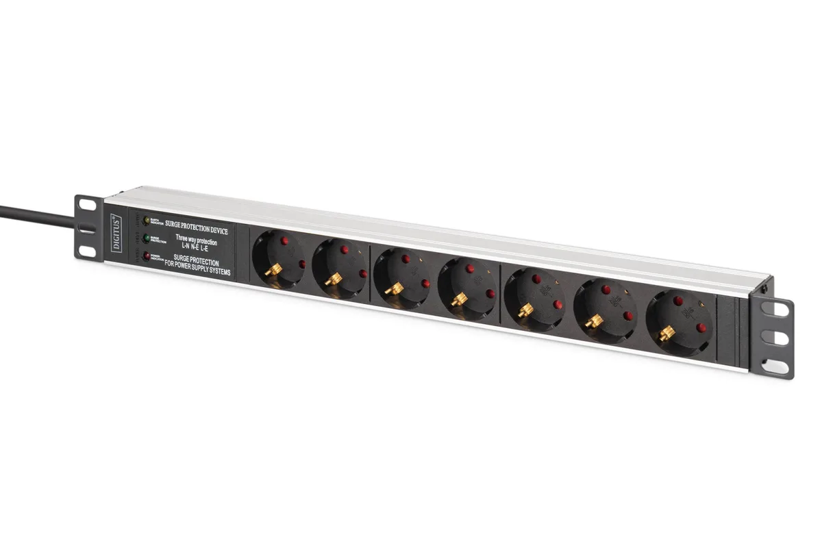 Пристрій розподілу електроживлення DIGITUS 1U, 7xSchuko, 16A, 250V, фільтр, захист, вилка Schuko