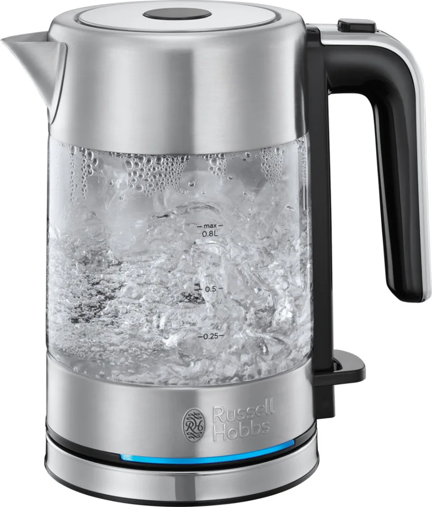 Електричний чайник Russell Hobbs Compact Home 0.8л, скляний, з підсвічуванням, сріблясто-чорного кольору.
