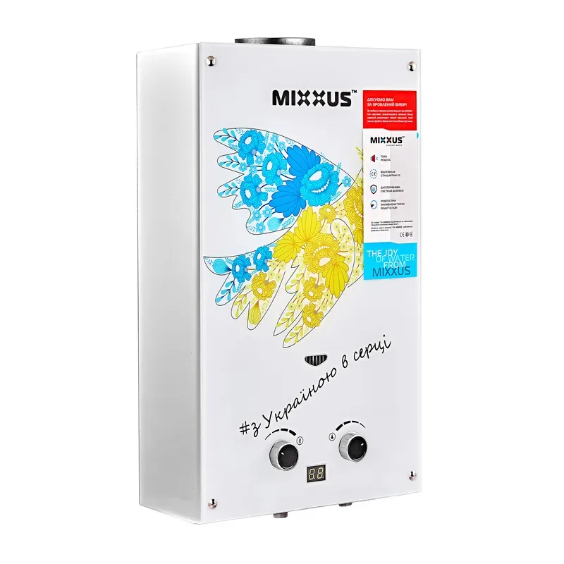 Газова колонка MIXXUS 10 л/хв електронний розпал метал 330х190х550 мм з малюнком