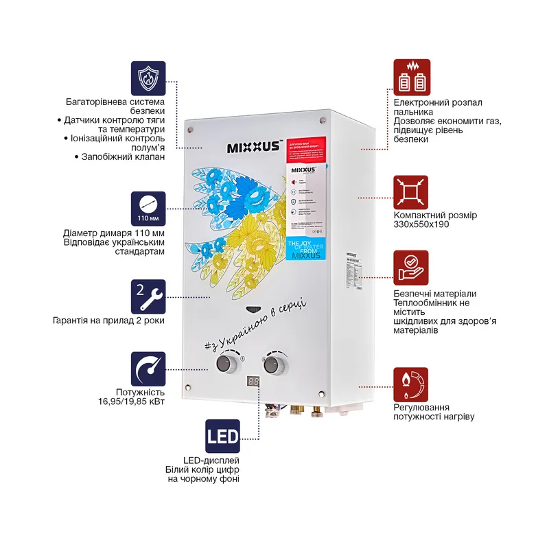 Газовая колонка MIXXUS 10 л/мин электронный розжиг металл 330х190х550 мм с рисунком