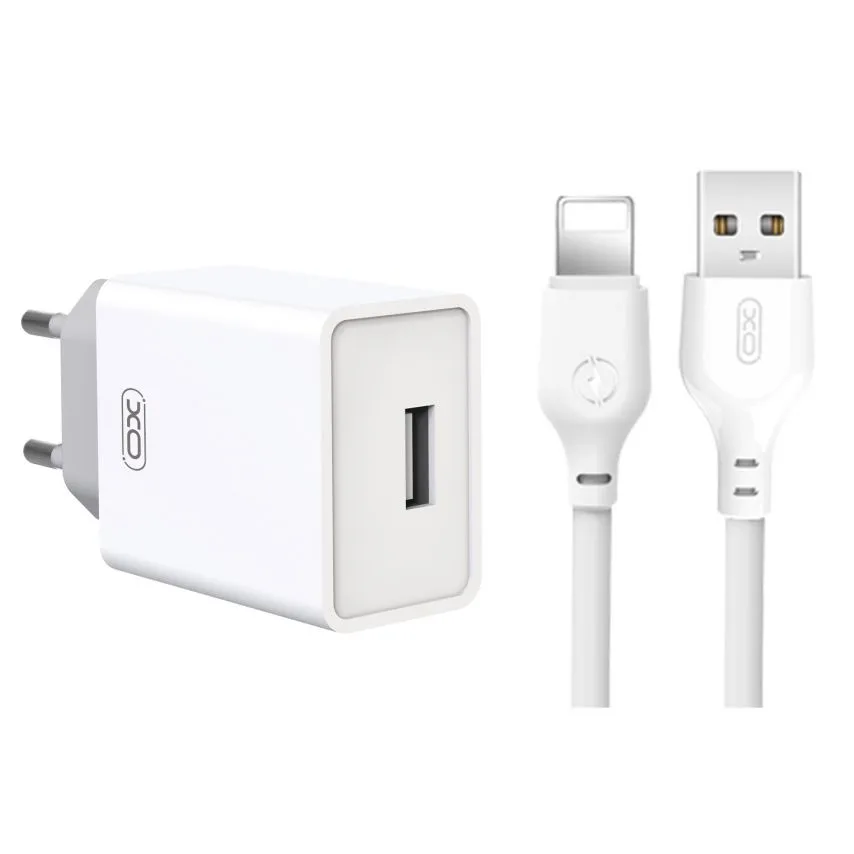 Зарядное устройство XO 2в1 USB 2.4A с кабелем Lightning 1м Белое