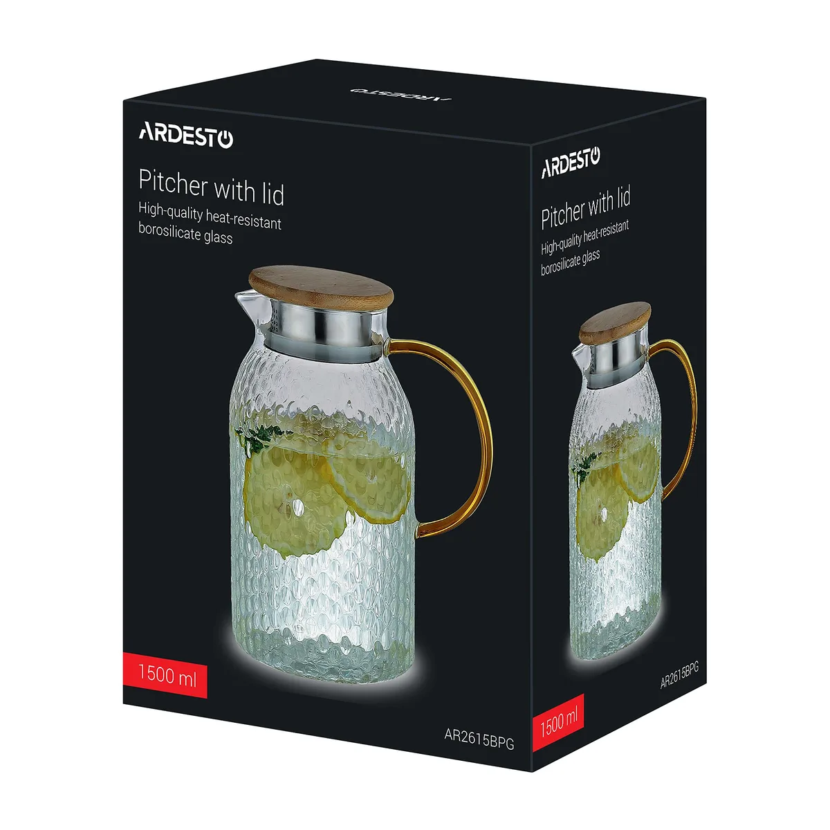 Глечик з кришкою ARDESTO Dew 1500 мл, жароміцне скло, нержавіюча сталь, бамбукові деталі, прозорий.
