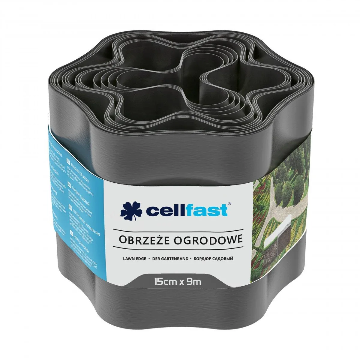 Газонна стрічка Cellfast, бордюрна, хвиляста, 15 см x 9 м, графітового кольору.