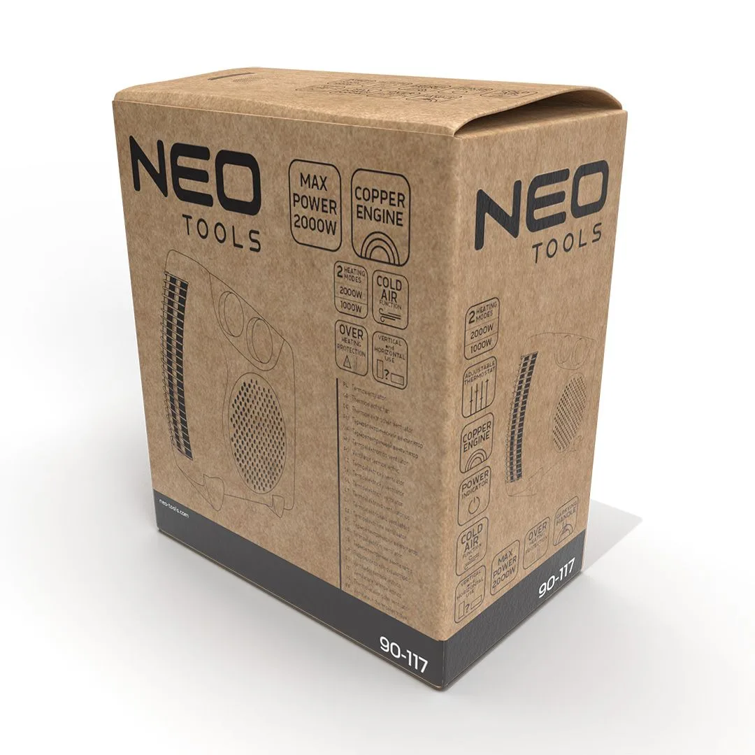 Електричний тепловентилятор Neo Tools, 2000 Вт, з термостатом, білий, вага 1.18 кг.