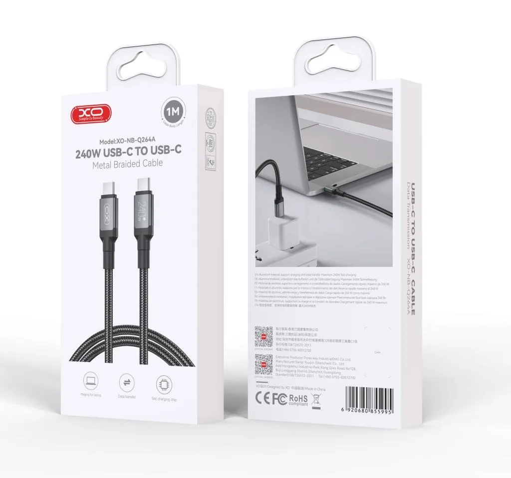 Кабель XO USB Type-C до USB Type-C 1 м Чорний 240W