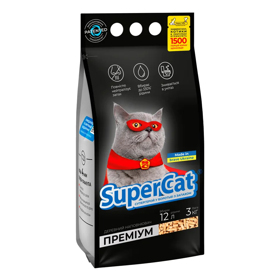 Наповнювач для котів SuperCat Преміум 3 кг хвойна тирса 4 мм органічний