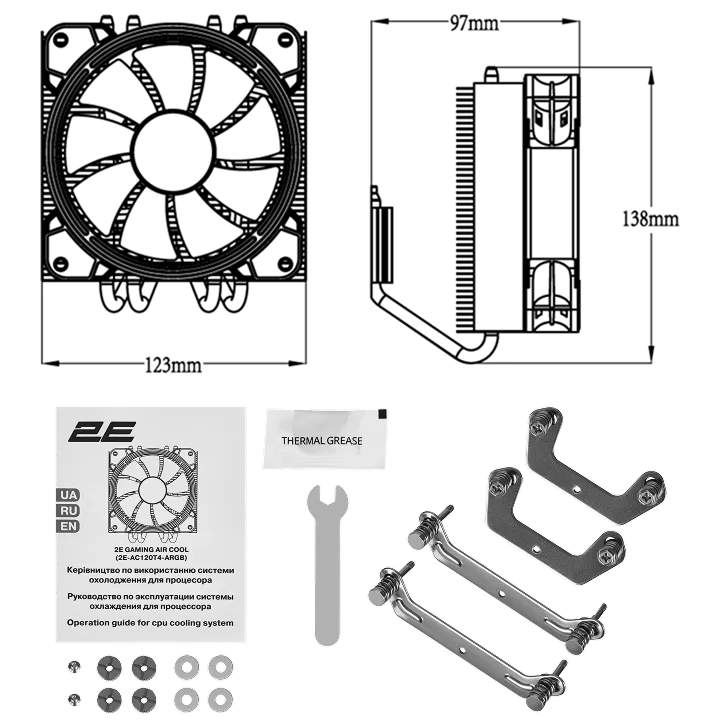 Процесорний кулер 2E GAMING Air Cool AC120T4-ARGB, LGA1851, 1700, 1200, 115x, 1366, AM5, AM4, AM3, AM3+, 4pin PWM, 3pin +5VARGB, TDP 130W