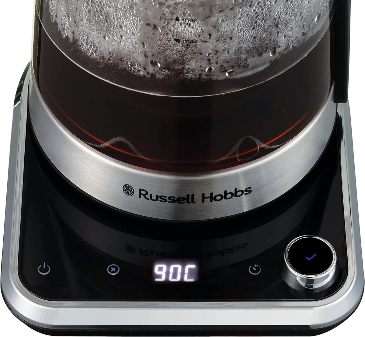 Электрочайник Russell Hobbs Attentiv, объемом 17 л, с технологией Strix, со стеклянным корпусом и подставкой с местом хранения шнура, серого цвета