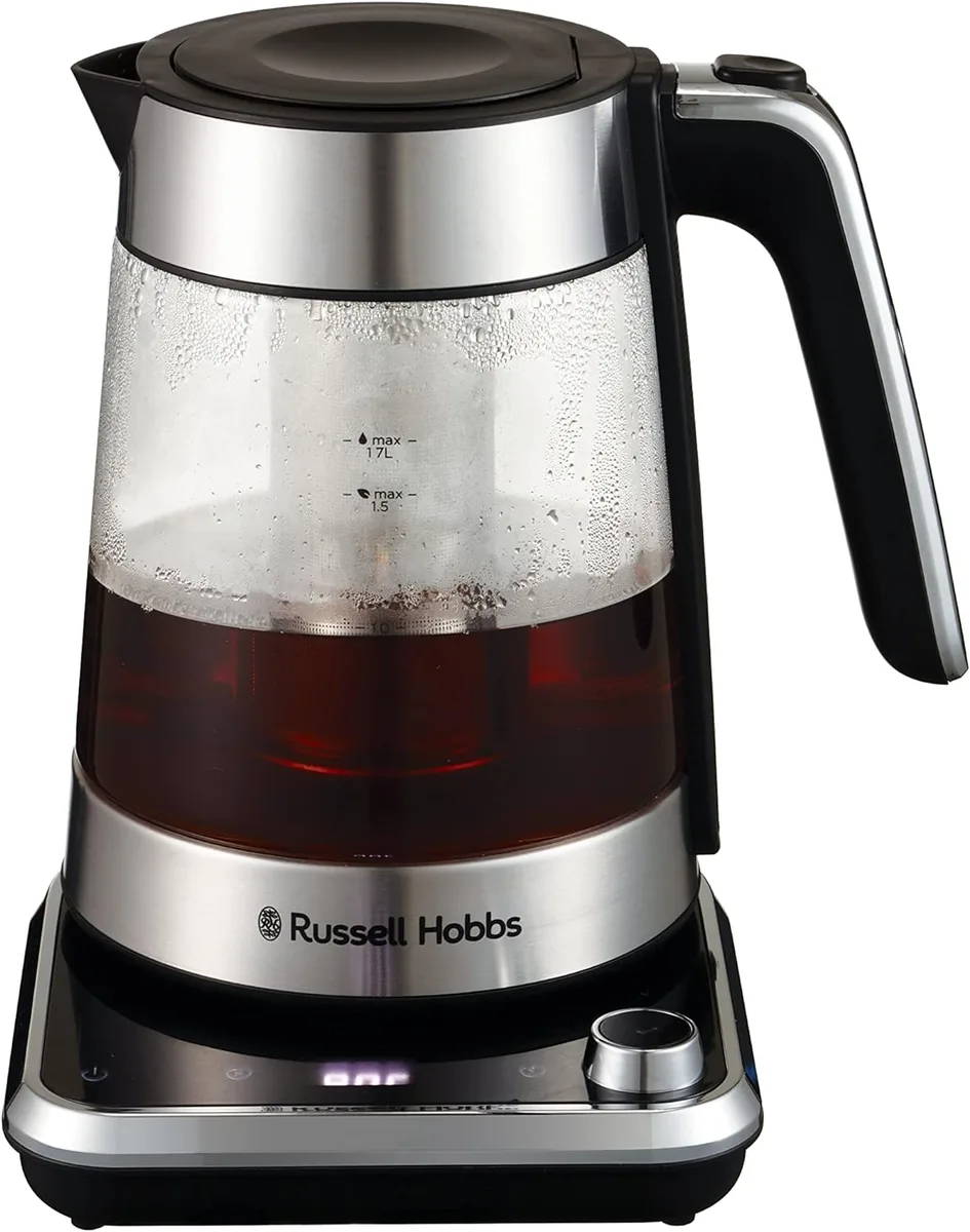 Электрочайник Russell Hobbs Attentiv, объемом 17 л, с технологией Strix, со стеклянным корпусом и подставкой с местом хранения шнура, серого цвета