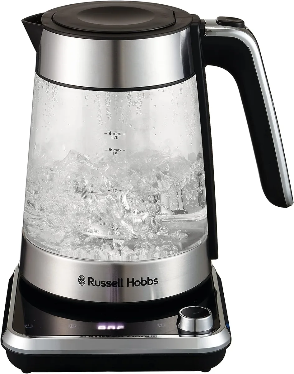Электрочайник Russell Hobbs Attentiv, объемом 17 л, с технологией Strix, со стеклянным корпусом и подставкой с местом хранения шнура, серого цвета