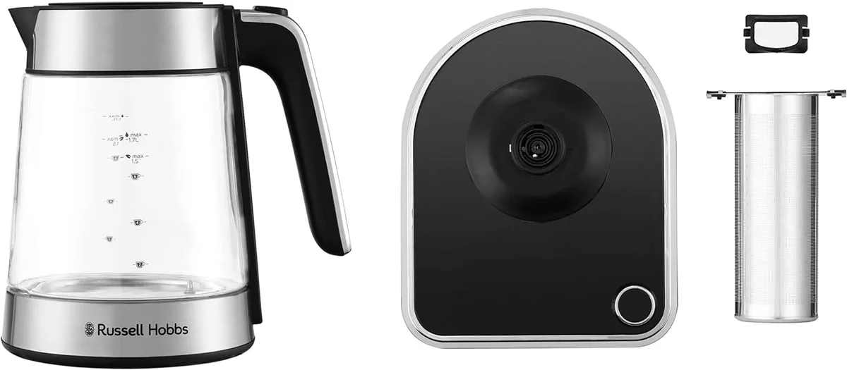 Электрочайник Russell Hobbs Attentiv, объемом 17 л, с технологией Strix, со стеклянным корпусом и подставкой с местом хранения шнура, серого цвета
