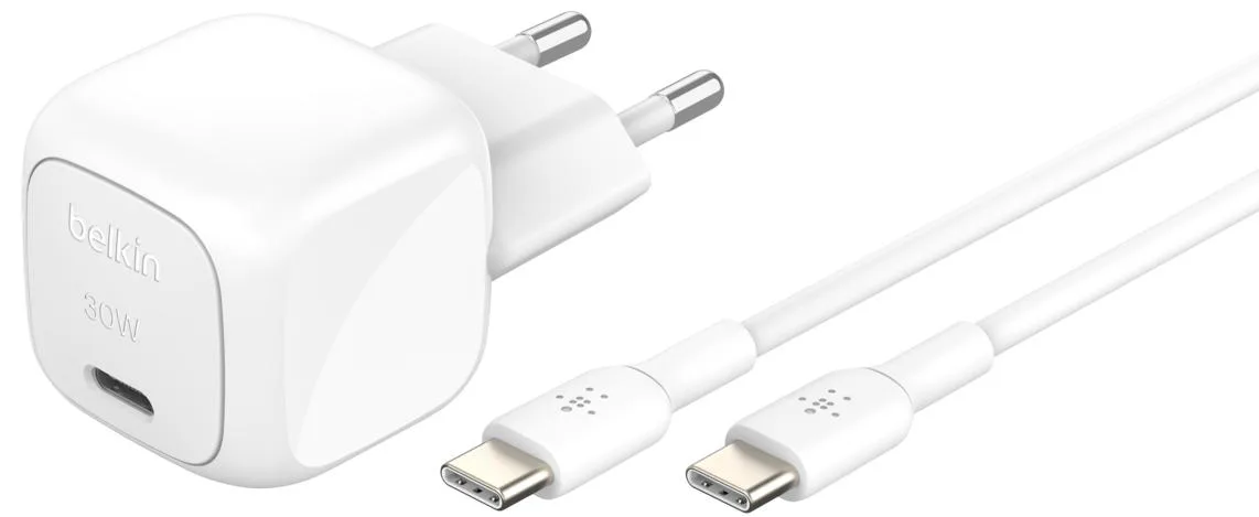 Зарядний пристрій мережевий Belkin 30Вт USB-С PD PPS, кабель USB-С > USB-C, 1м, PVC, білий