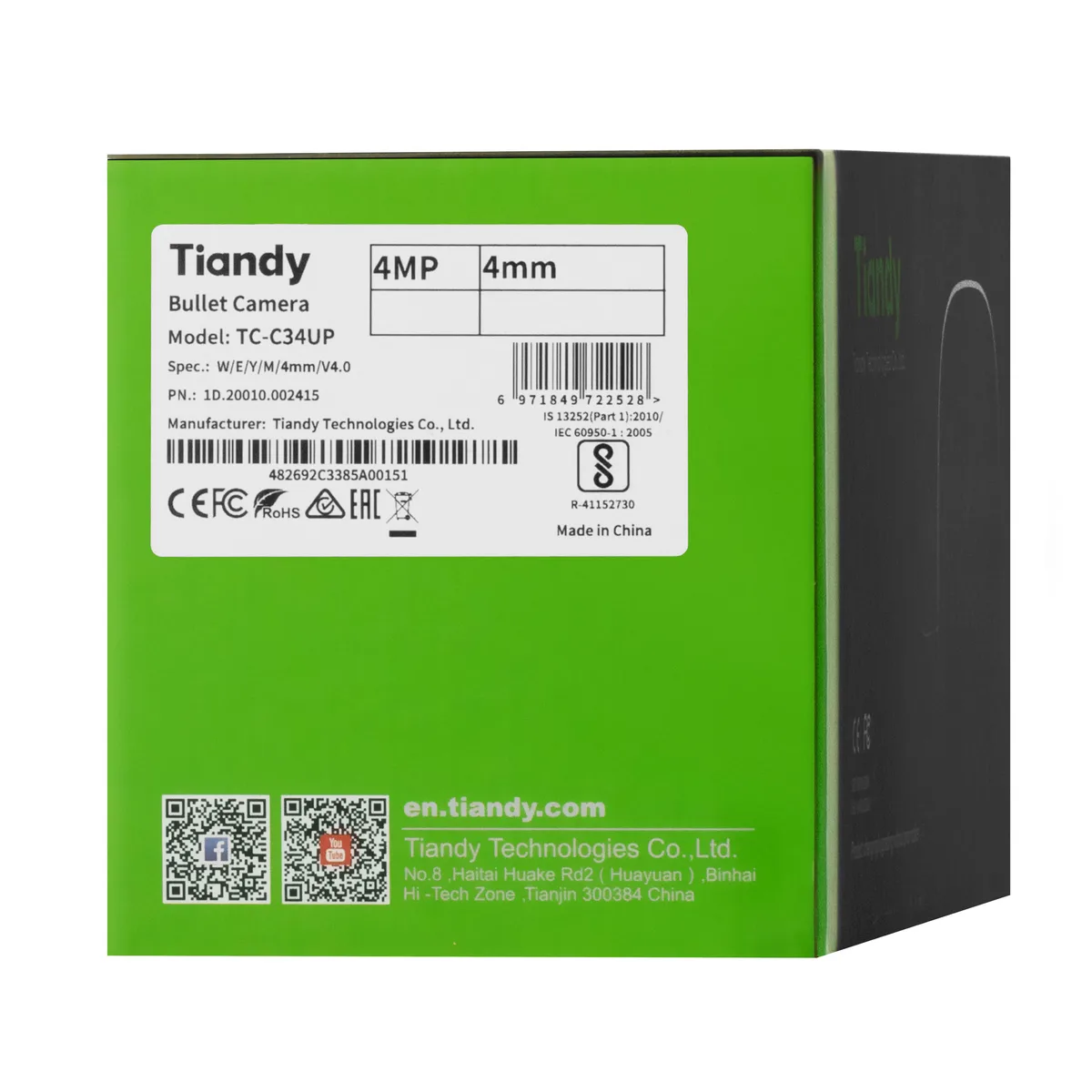 IP-камера Tiandy TC-C34UP Спецификация: W/E/Y/M/4mm/V4.0, 4MP, Цветной купольный, 4mm, f/1.0, LED 20м, PoE, IP67.
