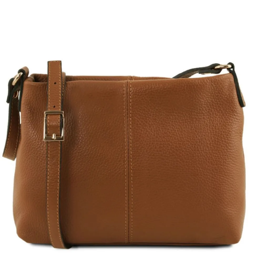 Жіноча шкіряна сумка Tuscany Leather коньячного кольору через плече з золотою фурнітурою, шкіряний рюкзак, сумка через плече.