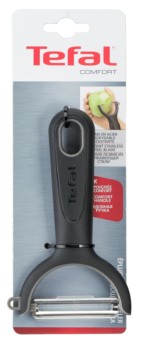 Овочечистка горизонтальна Tefal Comfort, 14 см, з нержавіючої сталі та пластику, чорного кольору.