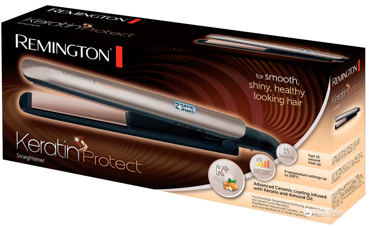 Випрямляч для волосся Remington Keratin Protect, 50Вт, 9 температурних режимів (150-230°C), з дисплеєм, керамічним покриттям, сріб