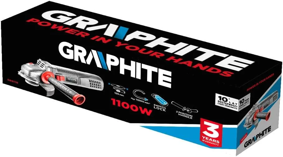 Кутова шліфувальна машина GRAPHITE 125 мм, 1100 Вт, 11000 об/хв, вага 2.7 кг.