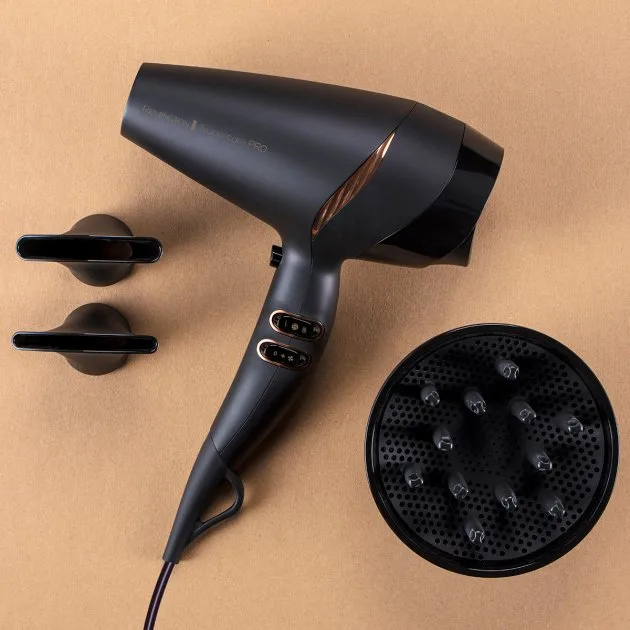 Фен Remington Supercare PRO 2200 AC мотор, 2200Вт, 3 скорости, диффузор, ионизация, холодный обдув, черный