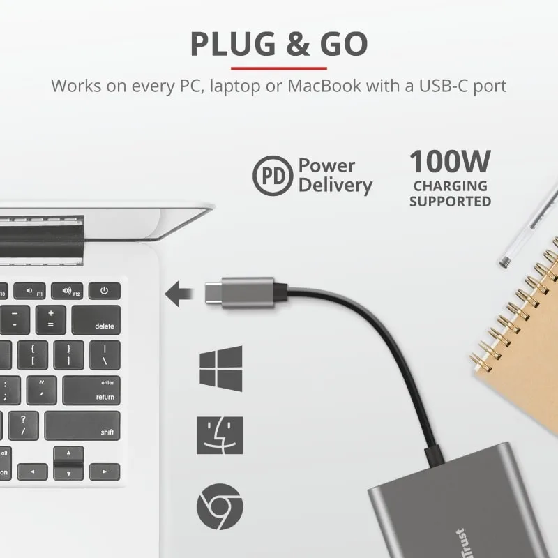 Хаб Trust Dalyx 3-in-1 USB-С > USB-А 3.2/USB-С/HDMI, Алюміній, 0.1м, чорний