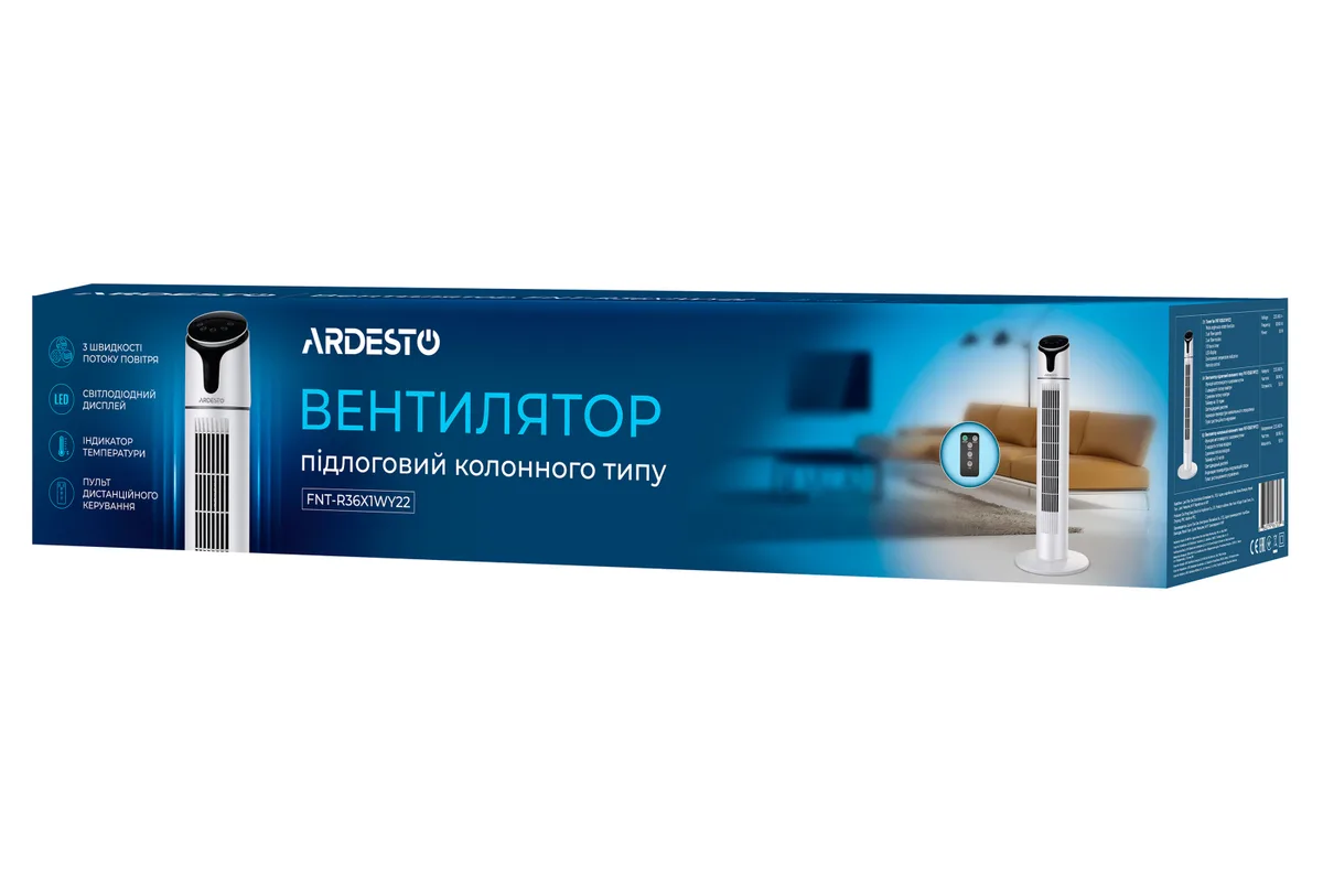 Колонний вентилятор ARDESTO, 90 см, 50 Вт, з дистанційним керуванням, LED-дисплей, чорний та білий.