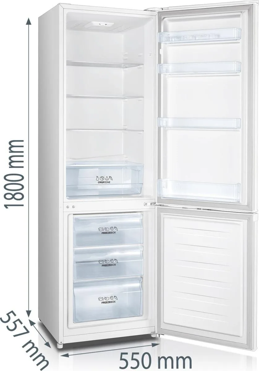 Холодильник Gorenje с нижней морозильной камерой, габариты 180х55х56 см, 2 дверцы, объем холодильного отдела 198 л, морозильного – 66 л, класс энергоэффективности A++, температура окружающей среды ST, белый цвет