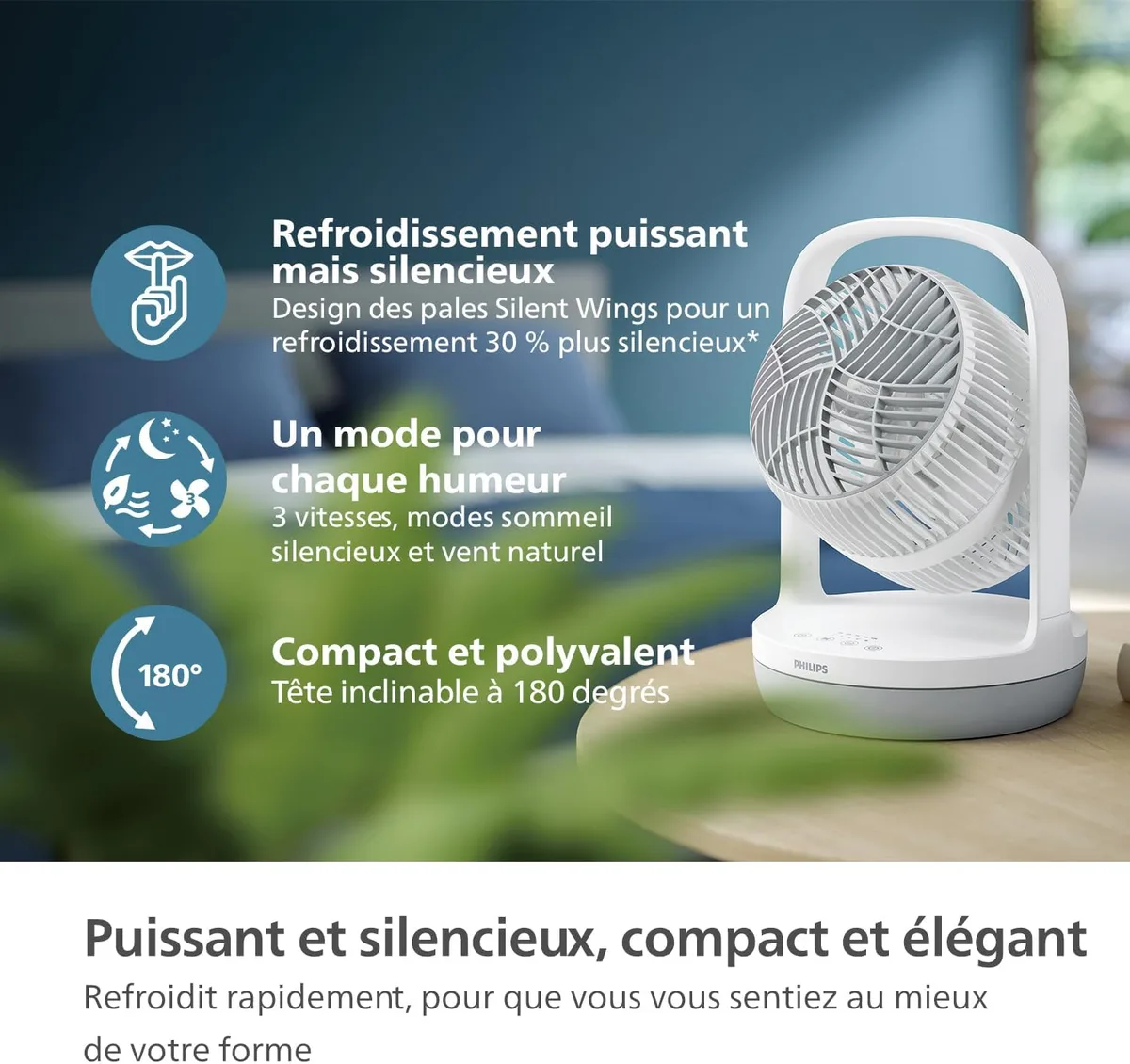 Вентилятор настільний Philips, серія 2000, діаметр 22 см, потужність 24 Вт, з таймером та можливістю повороту на 180 градусів, біл