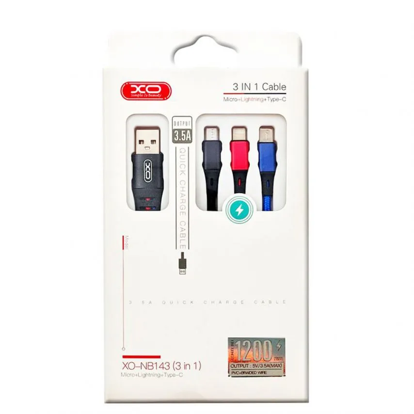Кабель USB 3в1 XO тканинний 1,2м чорний червоний синій