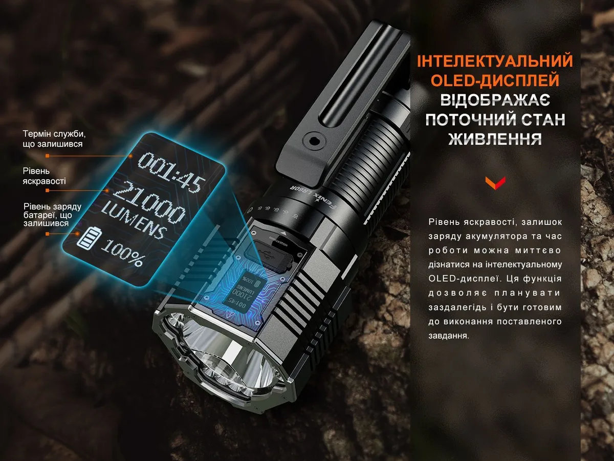 Ліхтар ручний Fenix алюмінієвий 208х91х62,5 мм чорний 21000 лм IP68