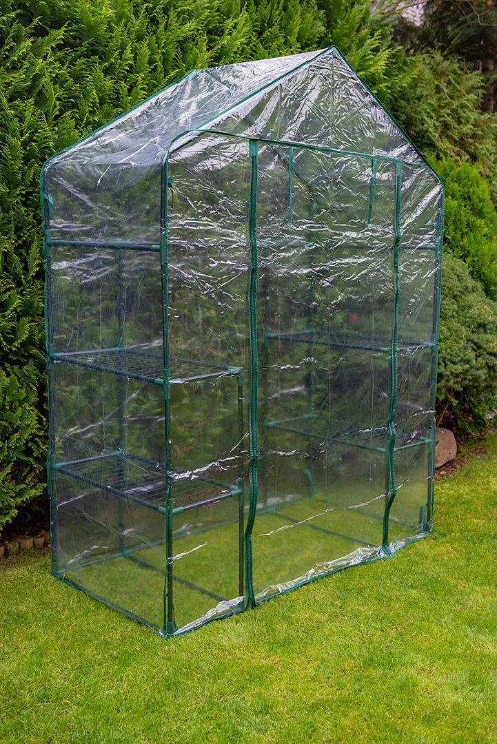 Складаний парник Neo Tools 195x143x73 см з 4 полицями, ПВХ плівка, зелений колір.