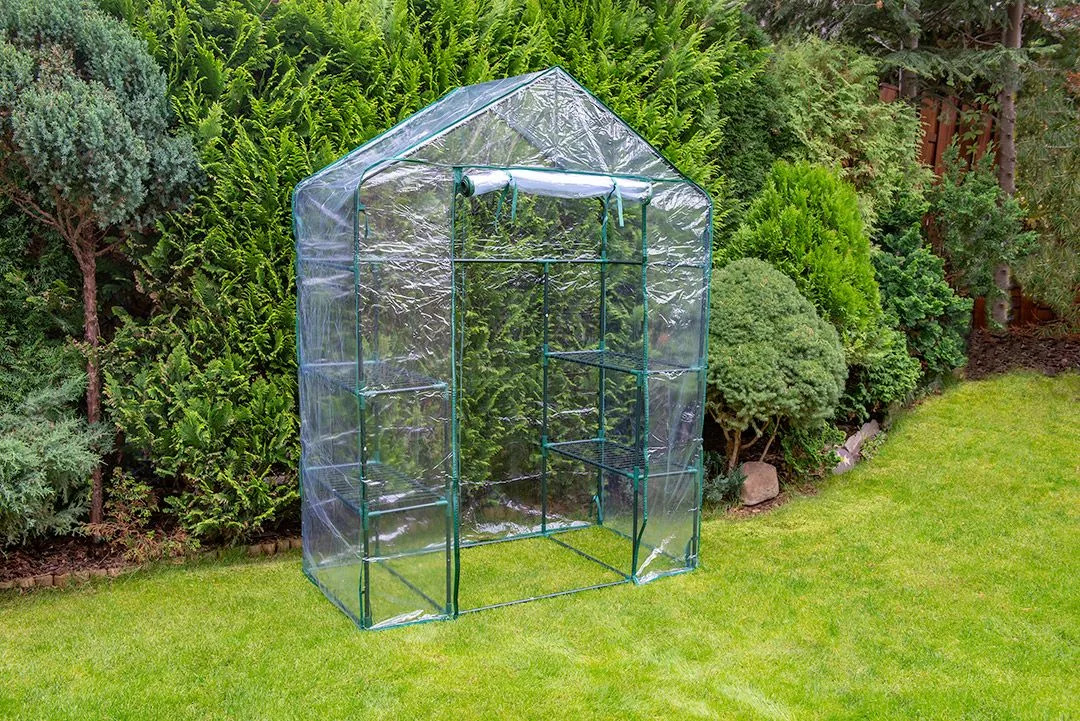 Складаний парник Neo Tools 195x143x73 см з 4 полицями, ПВХ плівка, зелений колір.
